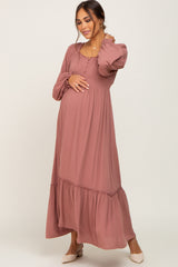 Mauve Lace Trim Smocked Waist Maternity Maxi Dress