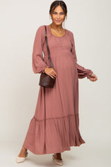 Mauve Lace Trim Smocked Waist Maternity Maxi Dress