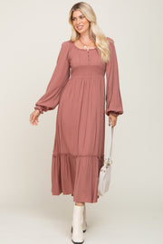 Mauve Lace Trim Smocked Waist Maxi Dress