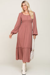 Mauve Lace Trim Smocked Waist Maternity Maxi Dress