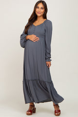 Charcoal Lace Trim Smocked Waist Maternity Maxi Dress