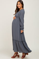 Charcoal Lace Trim Smocked Waist Maternity Maxi Dress