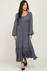 Charcoal Lace Trim Smocked Waist Maternity Maxi Dress