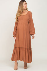 Camel Lace Trim Smocked Waist Maternity Maxi Dress