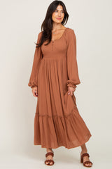 Camel Lace Trim Smocked Waist Maxi Dress