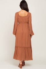 Camel Lace Trim Smocked Waist Maxi Dress