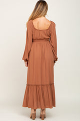 Camel Lace Trim Smocked Waist Maternity Maxi Dress