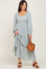 Light Blue Lace Trim Smocked Waist Maxi Dress