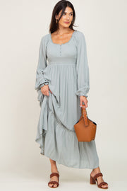 Light Blue Lace Trim Smocked Waist Maxi Dress