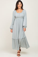 Light Blue Lace Trim Smocked Waist Maxi Dress