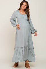 Light Blue Lace Trim Smocked Waist Maternity Maxi Dress