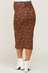 Brown Floral Ribbed Ruched Slit Maternity Midi Skirt