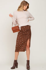 Brown Floral Ribbed Ruched Slit Midi Skirt