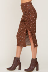 Brown Floral Ribbed Ruched Slit Midi Skirt