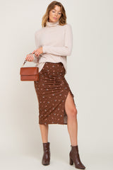 Brown Floral Ribbed Ruched Slit Midi Skirt