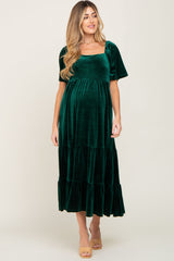 Hunter Green Velvet Tiered Maternity Maxi Dress