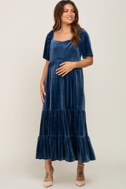 Dark Teal Velvet Tiered Maternity Maxi Dress