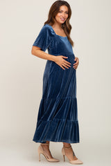 Dark Teal Velvet Tiered Maternity Maxi Dress