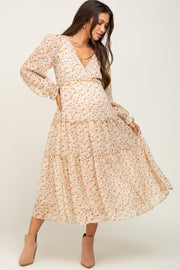 Cream Floral Ruffle Tiered Maternity Midi Dress