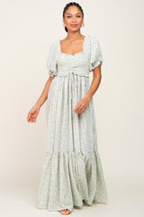 Sage Floral Smocked Ruffle Maternity Maxi Dress