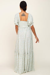 Sage Floral Smocked Ruffle Maxi Dress