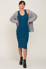 Teal Rib Knit Button Front Midi Dress