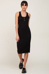 Black Rib Knit Button Front Midi Dress