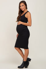 Black Rib Knit Button Front Maternity Midi Dress