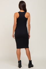 Black Rib Knit Button Front Maternity Midi Dress