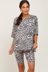 Brown Animal Print Biker Short Maternity Lounge Set