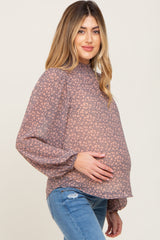 Navy Floral Smocked Mock Neck Maternity Blouse