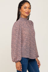 Navy Floral Smocked Mock Neck Blouse