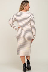 Beige Striped Long Sleeve Maternity Plus Midi Dress