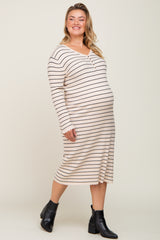 Beige Striped Long Sleeve Maternity Plus Midi Dress