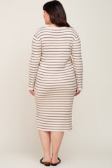 Beige Striped Long Sleeve Plus Midi Dress