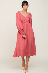 Mauve Wrap Smocked Accent Long Sleeve Dress