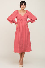 Mauve Wrap Smocked Accent Long Sleeve Maternity Dress