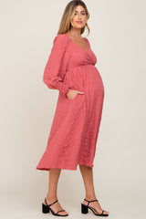 Mauve Wrap Smocked Accent Long Sleeve Maternity Dress