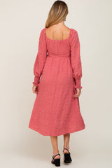 Mauve Wrap Smocked Accent Long Sleeve Maternity Dress