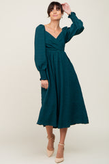 Forest Green Wrap Smocked Accent Long Sleeve Maternity Dress