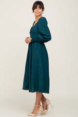 Forest Green Wrap Smocked Accent Long Sleeve Dress