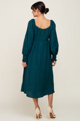 Forest Green Wrap Smocked Accent Long Sleeve Dress