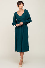 Forest Green Wrap Smocked Accent Long Sleeve Dress