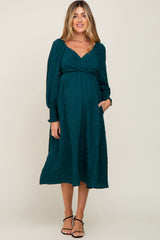 Forest Green Wrap Smocked Accent Long Sleeve Maternity Dress