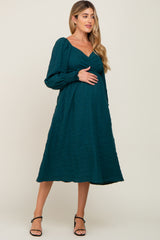 Forest Green Wrap Smocked Accent Long Sleeve Maternity Dress