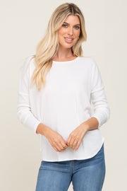 Ivory Waffle Knit Curved Hem Long Sleeve Top