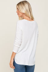 Ivory Waffle Knit Curved Hem Long Sleeve Top