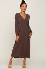 Brown Ribbed Knit Long Sleeve Wrap Dress