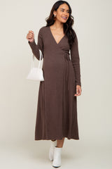 Brown Ribbed Knit Long Sleeve Maternity Wrap Dress