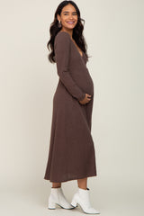 Brown Ribbed Knit Long Sleeve Maternity Wrap Dress